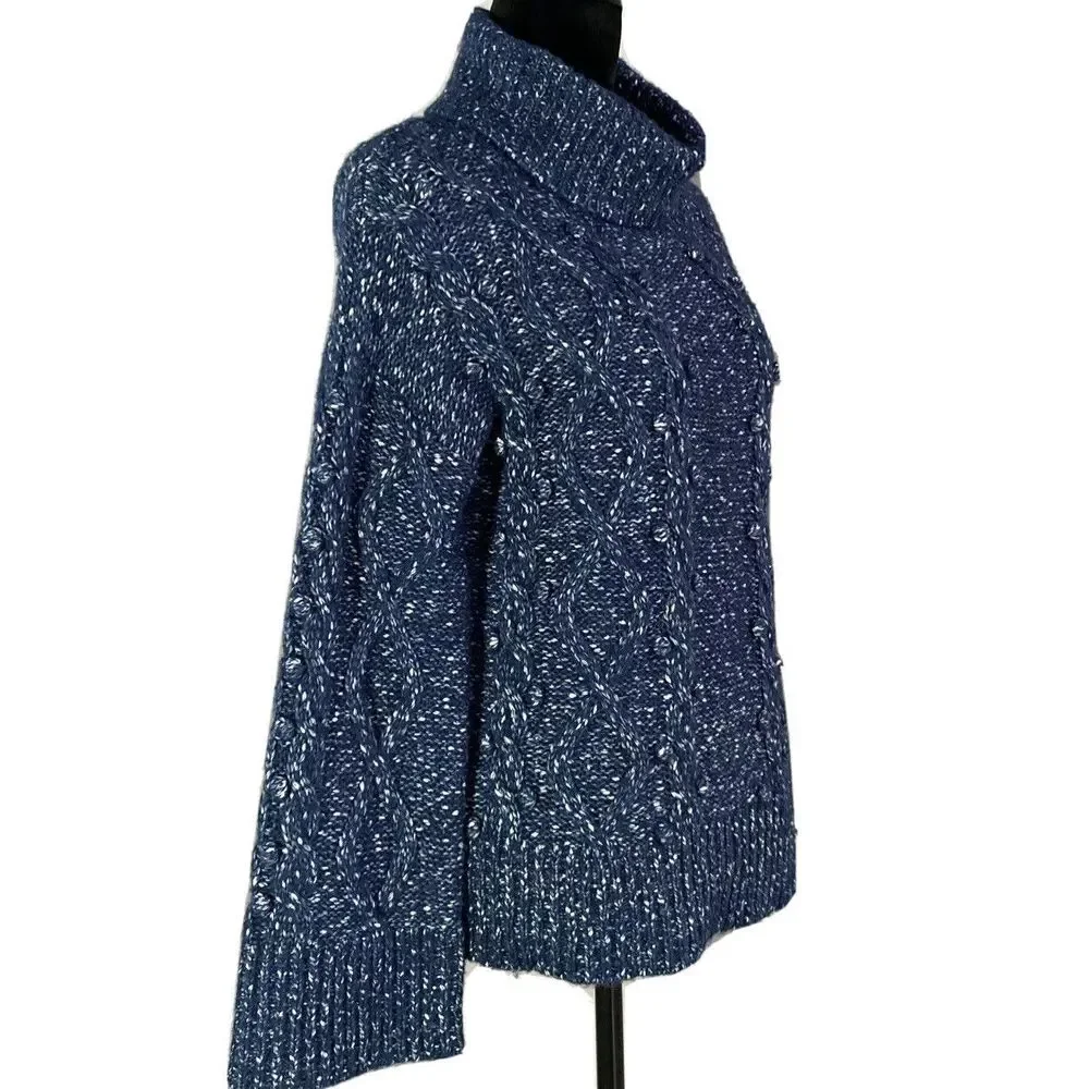 NEW Kate Spade Sweater M Heather Blue Turtleneck Chunky‎ Broome Wide Sl Oversize